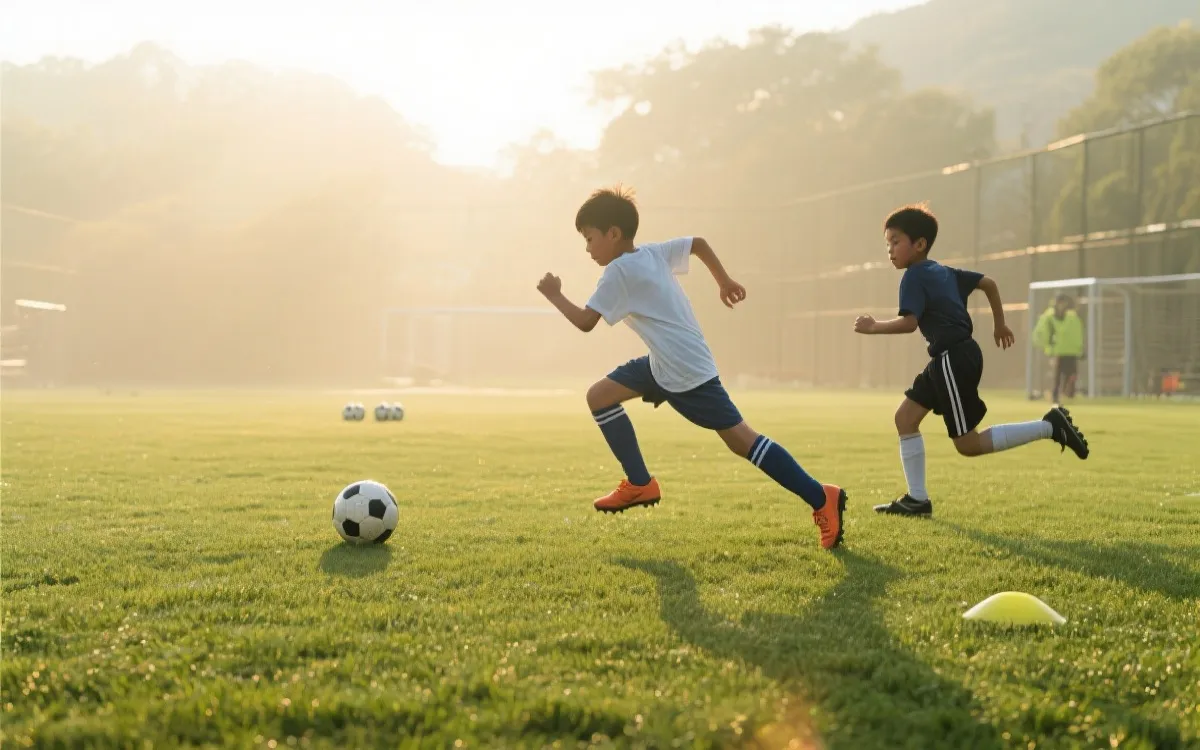 青训训练场与年轻球员奔跑的纪实风画面