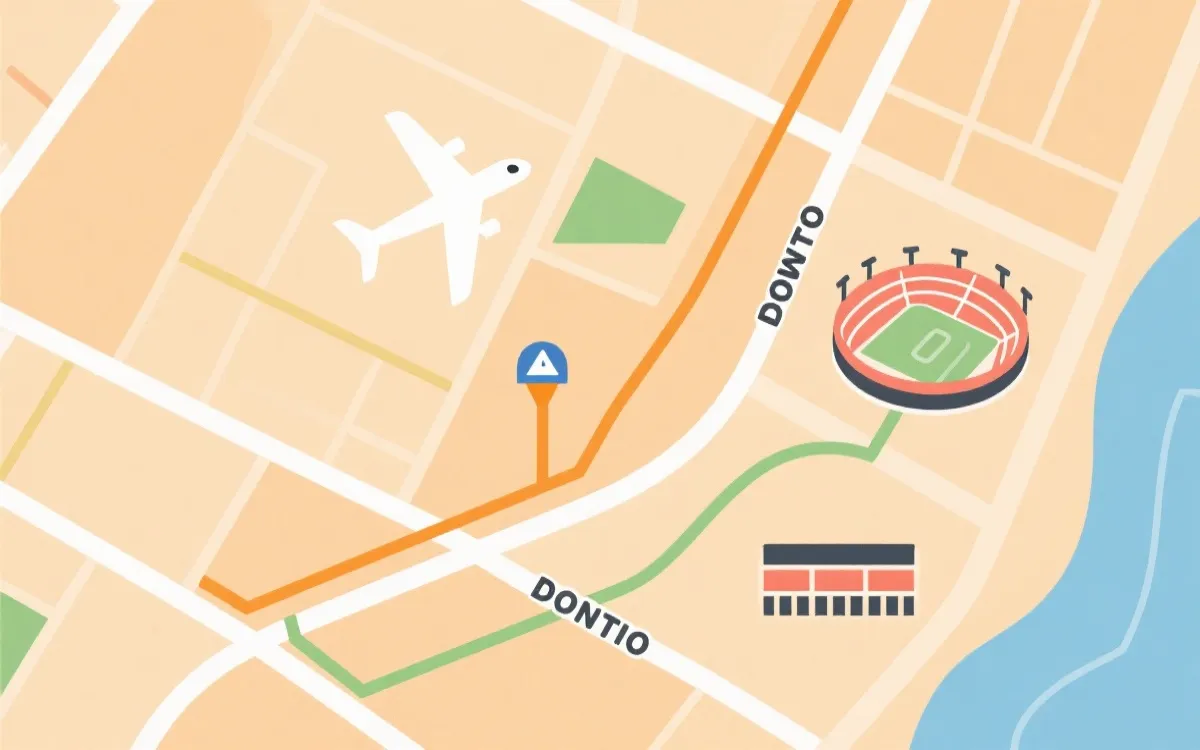 机场到城市再到球场的旅行路线示意插图